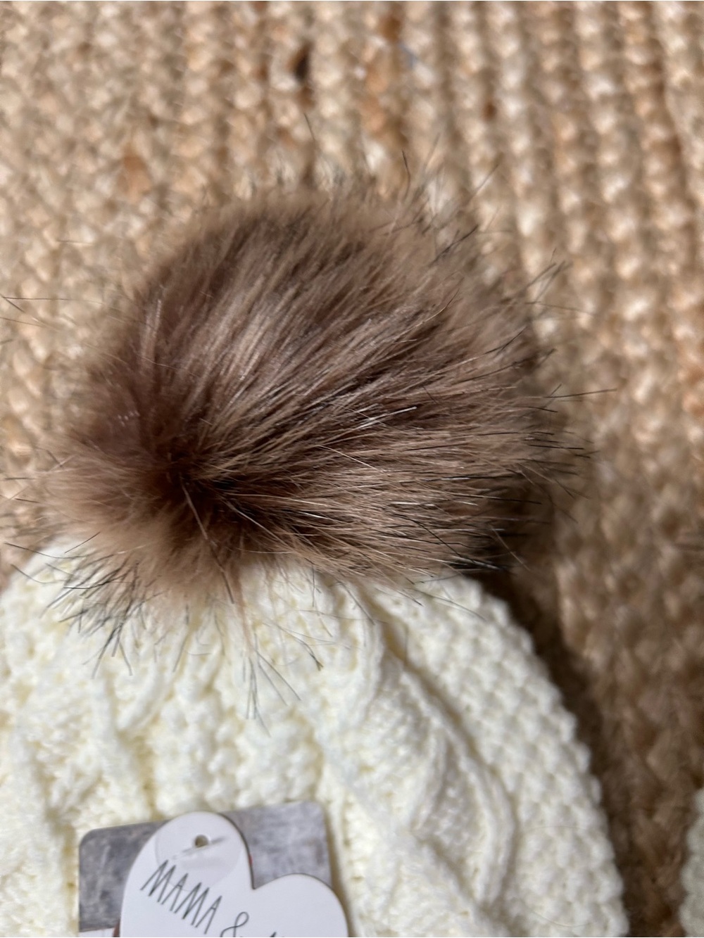 Rae Dunn Cream Cable Knit Mama & Mini Beanie Set with Brown Faux Fur Poms - Picture 3 of 5
